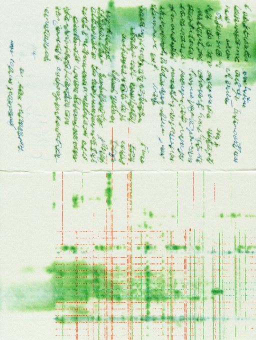 A close-up of lined paper featuring handwritten notes in blue and green ink, with vibrant green ink smudges and streaks bleeding across the page.
