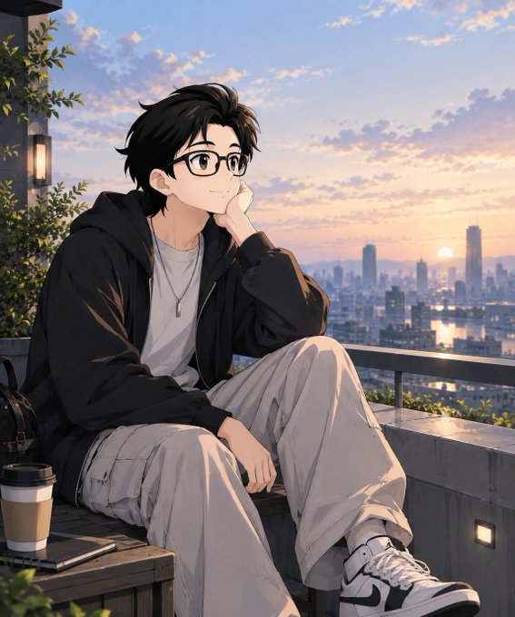 An anime-style illustration of a young man with black hair and glasses wearing a black hoodie and gray cargo pants, sitting on a rooftop ledge at sunset with a coffee cup beside him, overlooking a city skyline.