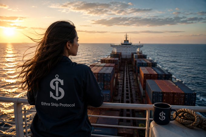 A woman wearing a jacket with "Ethra Ship Protocol" logo overlooks a large cargo ship loaded with containers at sunset on the open ocean.