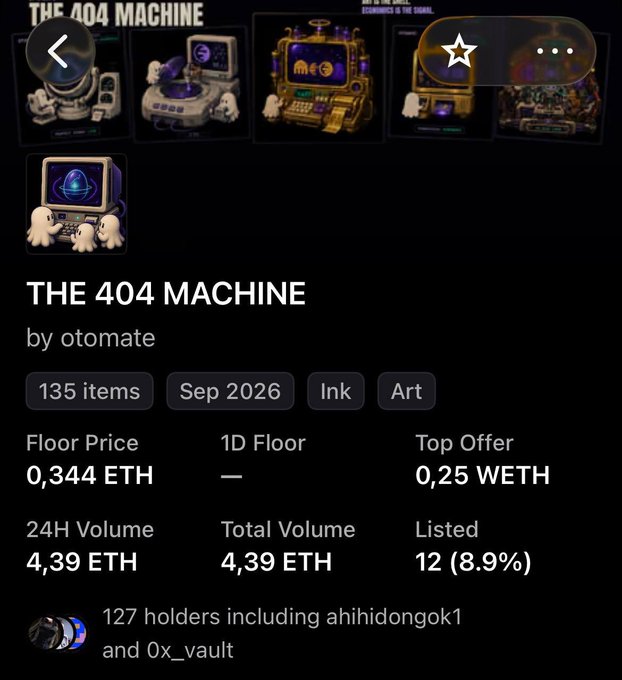 A screenshot of an NFT marketplace page for "THE 404 MACHINE" by otomate, showing 135 items, a floor price of 0.344 ETH, and various trading statistics.
