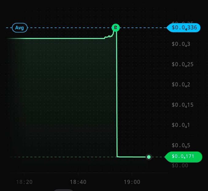 A price chart illustrates a sharp vertical drop from an average price near $0.336 to $0.171 shortly after 18:40, with both values highlighted in green pill-shaped markers.