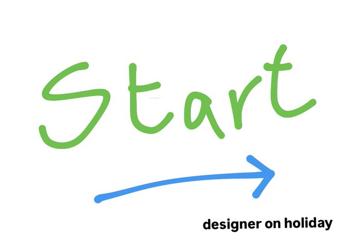 The image displays the handwritten word "Start" in green with a blue arrow pointing right, above the text "designer on holiday" in black. This visual serves as a lighthearted signal to viewers that, despite the designer being away, it's time to begin participating in the referral campaigns for VM AI Hub and VM Platform before things heat up.