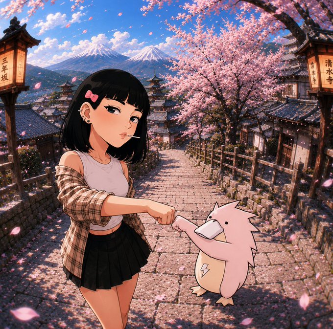 An anime-style illustration showing a girl in a plaid shirt and skirt fist-bumping a cartoon pink creature, set on a stone path with cherry blossoms and a mountain in the background.