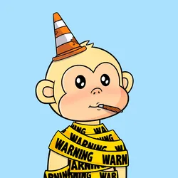 The image features a cartoon monkey wearing a yellow scarf with black text that says "WARNING WAR". The monkey appears to be holding a cigarette in its mouth while standing against a blue background, which could represent an ocean or sky. The caption of the image reads "Gm to everyone building in the jungle today. Grab your coffee, secure your bananas, and let's get it." This message seems to be related to the current situation where people are advised not to build anything due to the ongoing pandemic.

The monkey is wearing a hat with an orange construction cone on top of its head, which adds to the overall theme of caution and warning in the image. The combination of the cartoon character and the text creates a playful yet serious tone that conveys the importance of following safety guidelines during these challenging times.