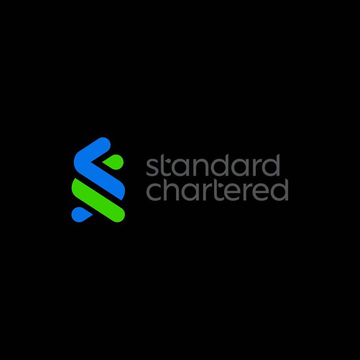 The image displays the Standard Chartered bank logo, featuring its distinctive blue and green intertwined design alongside the text "standard chartered" on a black background. This branding directly relates to the news that Standard Chartered has become the first bank authorized to distribute HKDAP, Hong Kong's first regulated HKD-backed stablecoin.