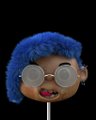 A small illustration of a character with bright blue hair wearing round sunglasses, set against a black background.