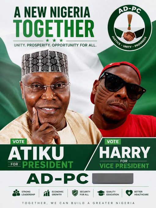 The image features two men wearing sunglasses and hats, with one man holding up his hand as if he's about to vote for president. The other man has a red shirt on and appears to be shaking hands. They are standing next to each other in front of a green flag that displays the words "A NEW NIGERIA TOGETHER". In the background, there is text that reads "vote for @quipnetwork Discord" and "focus on what is in the image and how it relates to the post", which suggests that this poster might be promoting an event or campaign related to quantum computing and mining.