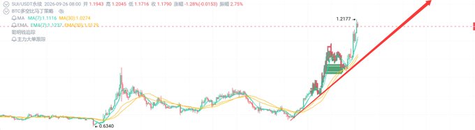 A cryptocurrency trading chart showing a sharp upward price spike highlighted by a large red arrow, with text indicating SUI/USDT on Binance.