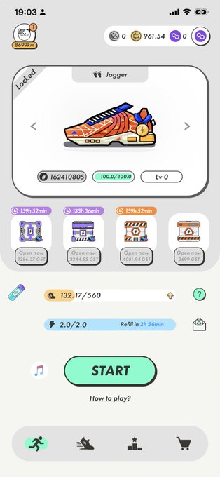 A mobile app screenshot of a 'Jogger' game with a sneaker display, showing stats like 162410805 coins, level 0, and energy at 132.17/560 with a green 'START' button.