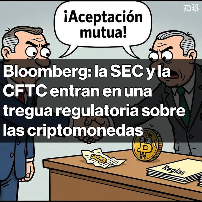 A cartoon illustration of two angry men shaking hands over a Bitcoin, with a speech bubble reading '¡Aceptación mutua!' and Spanish text: 'Bloomberg: la SEC y la CFTC entran en una tregua regulatoria sobre las criptomonedas'.