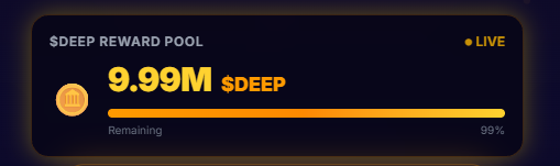A 'DEEP REWARD POOL' status bar showing 9.99M $DEEP with a progress bar at 99% remaining.