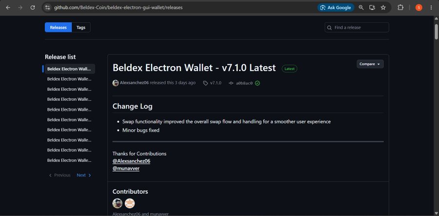 A GitHub releases page for 'Beldex Electron Wallet' showing version v7.1.0 as the latest release, with a changelog noting 'Swap functionality improved the overall swap flow and handling for a smoother user experience' and 'Minor bugs fixed'.