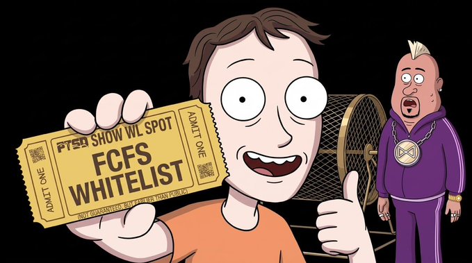 A cartoon illustration of Morty from Rick and Morty holding a yellow 'FCFS WHITELIST' ticket for a Web3 show WL spot, with a lottery drum in the background.
