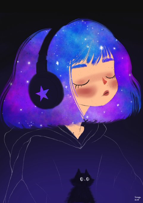 An anime-style illustration of a girl with closed eyes wearing large purple headphones with a star emblem, her hair colored in a cosmic blue and purple galaxy pattern, with a small black cat below.