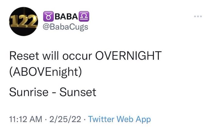 A tweet from @BabaCugs reads "Reset will occur OVERNIGHT (ABOVEnight) Sunrise - Sunset," posted at 11:12 AM on 2/25/22, with no direct visual connection to the XRP ticker mentioned in the accompanying post.