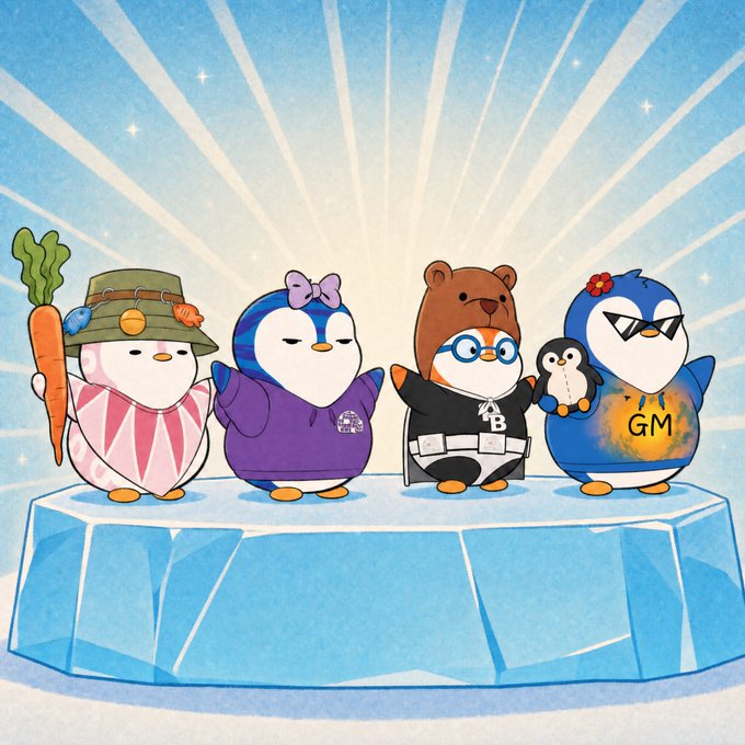 Four cartoon penguins wearing colorful outfits—including a hat with a carrot, a purple hoodie with a record, a bear hood with "JB" lettering, and a "GM" sweatshirt—stand triumphantly on an ice block under a radiant sun, celebrating June's Most Valuable Penguin (MVP) Soulbound Token recipients within the Pudgy Penguins community.