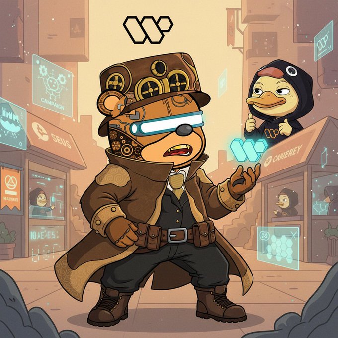 The image features a cartoon bear dressed as a steampunk character, wearing a brown suit with goggles and holding a blue crystal ball. The bear stands out against a cityscape backdrop of buildings and signs. In the background, there are people walking around, adding life to the scene. The caption above the image reads: "gQuack @wallchain Been watching these new Select campaigns roll out. The AI matching creators to real niche audiences looks promising. That 5 demand thing is pretty cool like Sunny said. Im thinking it could finally give smaller accounts a fair shot here".