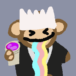 A cartoon monkey wearing a white hat and black shirt holding a purple drink while vomiting colorful liquid.