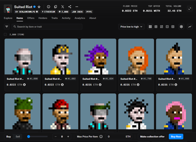 A screenshot of the "Suited Riot" NFT collection on OpenSea, showing 2,000 items on the Ethereum blockchain (displaying prices like 0.0222 ETH floor and 0.0235 ETH) with pixelated character portraits in various colors. The image directly supports the post by showing the collection's new Ethereum Mainnet listing, with the "Ethereum" tag confirming the platform migration referenced in the caption.