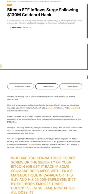 A news article from Bitcoin Magazine dated August 4, 2026, headlined "Bitcoin ETF Inflows Surge Following $130M Coldcard Hack," discussing how investors moved funds from cold storage to BlackRock's Fidelity, Grayscale, Morgan Stanley, and other ETFs following the Coldcard wallet exploit.