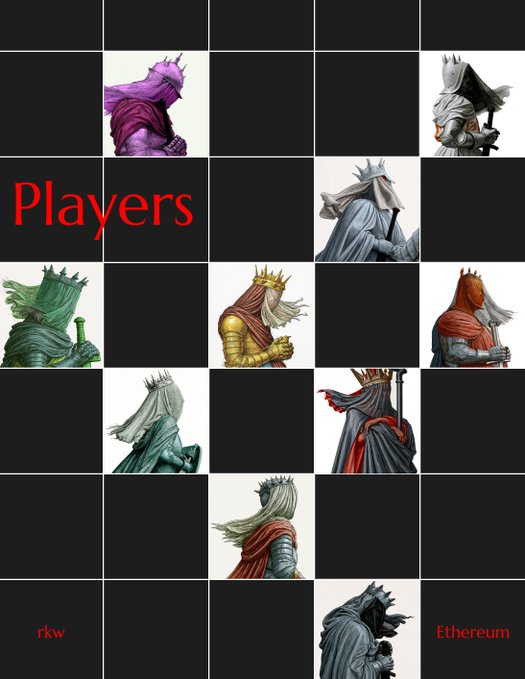 A black grid featuring multiple crowned king figures in various colors, with the word 'Players' in red on the left and labels 'rkw' and 'Ethereum' at the bottom corners.