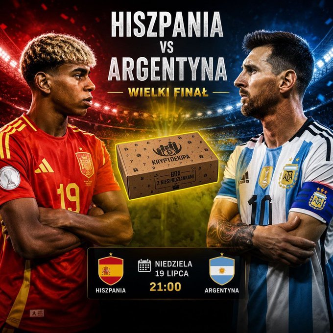 A promotional graphic for a Spain vs. Argentina matchup featuring players Lamine Yamal (#19) and Lionel Messi (#10), headlined "HISZPANIA vs ARGENTYNA — WIELKI FINAŁ" and advertising a KryptoEkipa box giveaway with the final scheduled for Sunday, July 19th at 21:00.