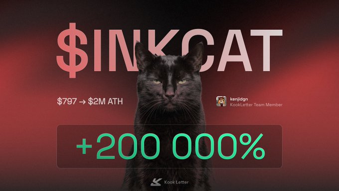 A promotional graphic for the crypto group “Kook Letter” features a black cat beneath the text “$INKCAT,” with a “$797 → $2M ATH” callout and a “+200 000%” gain. It highlights the group’s “best alpha” claim, suggesting a highly successful investment call or token performance shared by team member Ken.