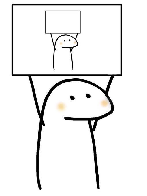 A simple cartoon drawing of a white character with blushing cheeks holding up a blank sign or frame.