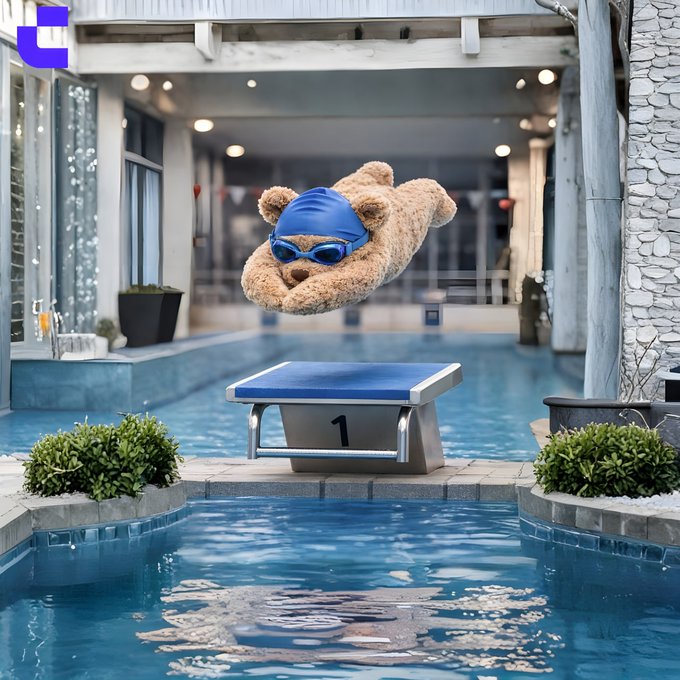 A teddy bear wearing a blue swim cap and goggles dives gracefully off starting block "1" at an indoor pool, while a purple "GM" logo appears in the corner.