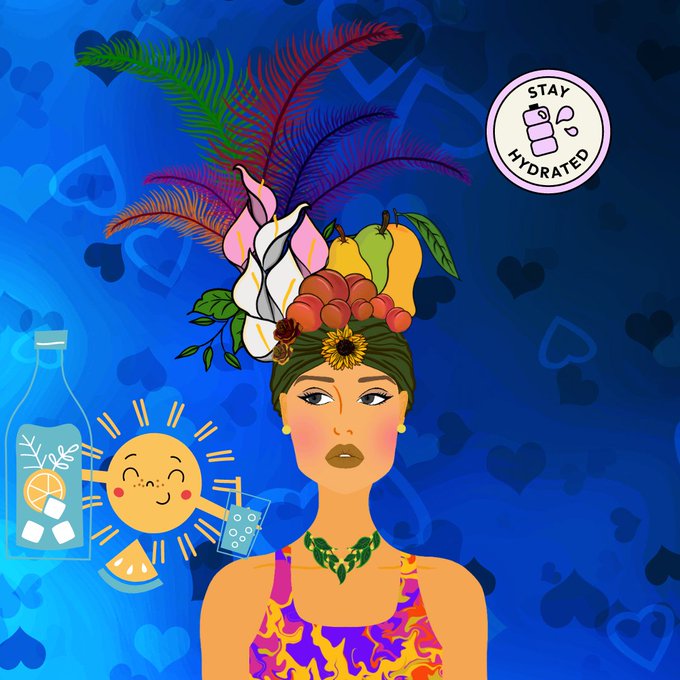 The illustration features a woman wearing a vibrant headdress adorned with tropical fruits, flowers, and feathers, set against a blue background filled with hearts. A cheerful sun, a water bottle with citrus and ice, and a "STAY HYDRATED" badge reinforce the post's message about nourishing oneself—much like watering a garden—to cultivate positivity and growth.