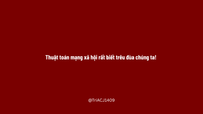 A solid dark red image displays the white Vietnamese text "Thuật toán mạng xã hội rất biết trêu đùa chúng ta!" with the handle "@TriACJ1409" at the bottom.