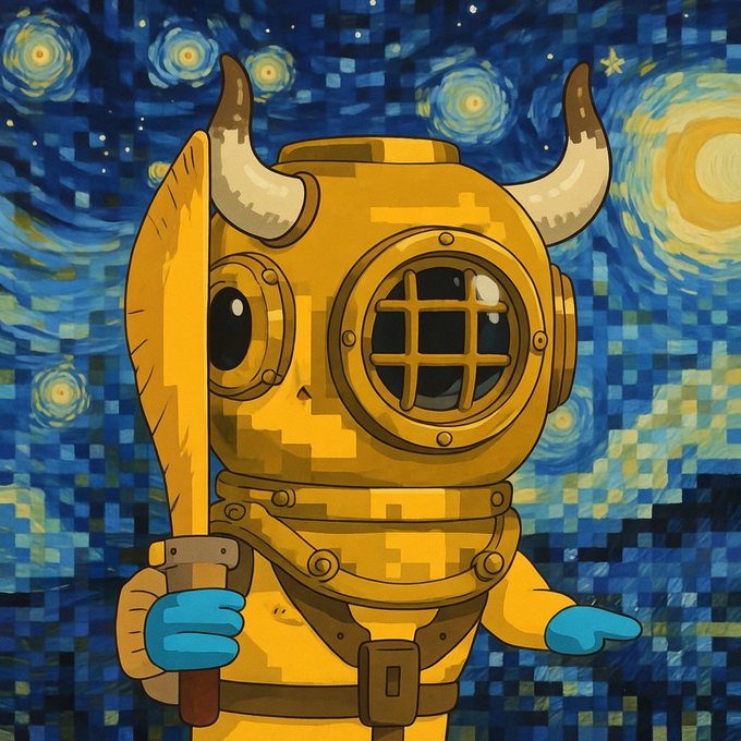 A cartoon illustration of a character in a yellow diving helmet and suit holding a sword, set against a Starry Night-style swirly blue sky background.
