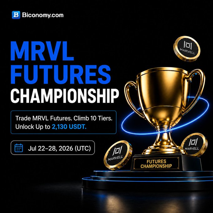 A promotional banner for the "MRVL Futures Championship" on Biconomy.com, featuring a gold championship trophy and Marvell-branded coins against a dark background, advertising up to 2,130 USDT in rewards for trading MRVL futures across 10 tiers from July 22-28, 2026 (UTC), which visually aligns with the post's announcement of the live trading competition.