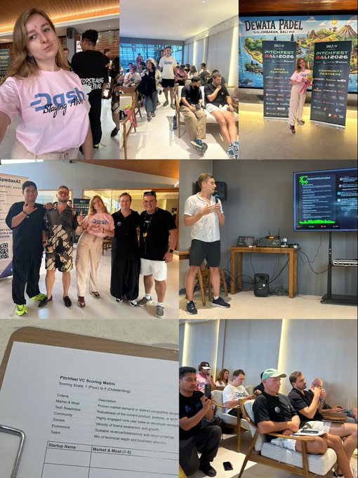 A collage of images from an event featuring 'DEWATA PADEL' banners, group photos of attendees, a presentation screen, and a document titled 'PitchMed VC Scoring Matrix.'