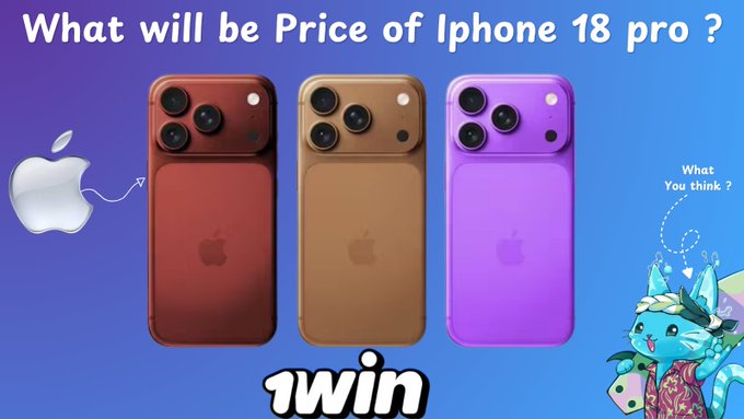 A promotional graphic asking 'What will be Price of Iphone 18 pro?' featuring three colorful smartphone renders (red, gold, purple) with an Apple logo and the text '1win' at the bottom.