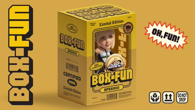 A 3D render shows a yellow 'BOX-FUN' toy box packaging featuring a figurine of a blonde woman, labeled 'SPX6900 Limited Edition' with a 'MIN CONDITION 1/1' badge and 'OH, FUN!' text on a starburst.