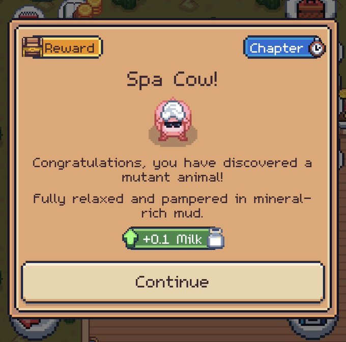 A pixel art "Reward" screen from a farming game showing the discovery of a "Spa Cow" mutant animal, with a description noting it's pampered in mineral-rich mud and grants a +0.1 milk reward.
