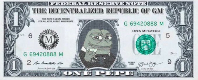 This image displays a parody of a US one-dollar bill titled "The Decentralized Republic of GM," featuring Pepe the Frog in a suit and the text "One Pepe" at the bottom.