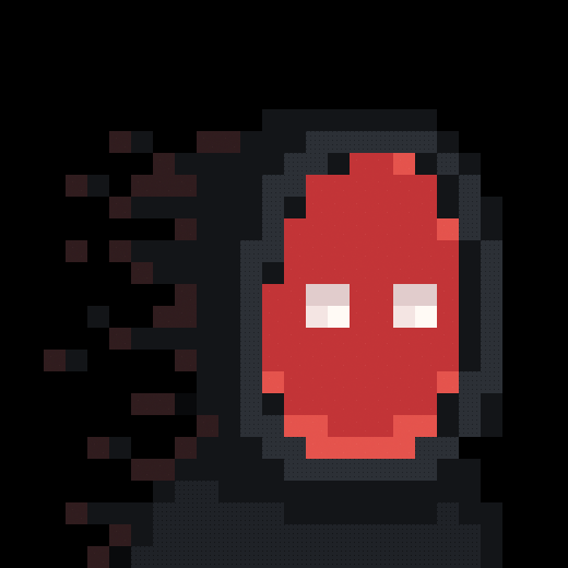 Pixel art illustration of a hooded red figure with glowing white eyes against a black background.