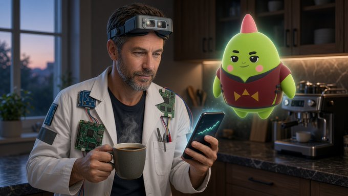 A tired man in a tech-laden VR headset and circuit-board decorated lab coat holds coffee while staring at his phone, while a glowing green avocado-like AI character hovers nearby in his kitchen. The image visualizes the post's theme: the gap between sleep-tracking apps that give a number but no action, and the project that aims to actually fix the disconnect between data and recovery.