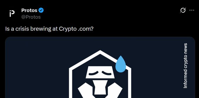 A tweet from 'Protos @Protos' with the verified blue checkmark, asking 'Is a crisis brewing at Crypto.com?' above an illustration of a stylized face inside a house with a water drop.