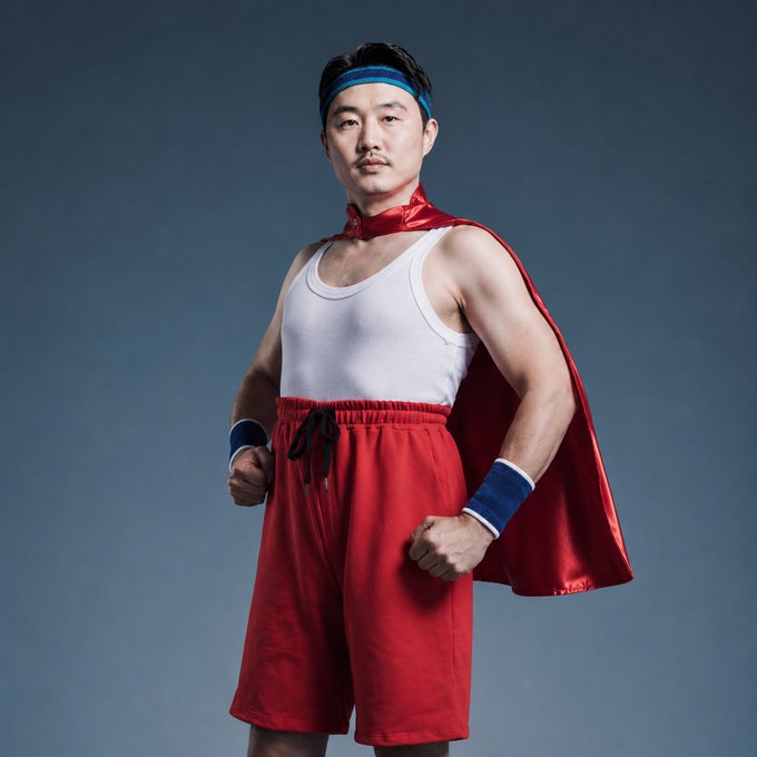 Photo of an Asian man wearing a blue sweatband, white tank top, red boxing shorts with black waistband, blue wristbands, and a red cape, posing confidently against a gray background.