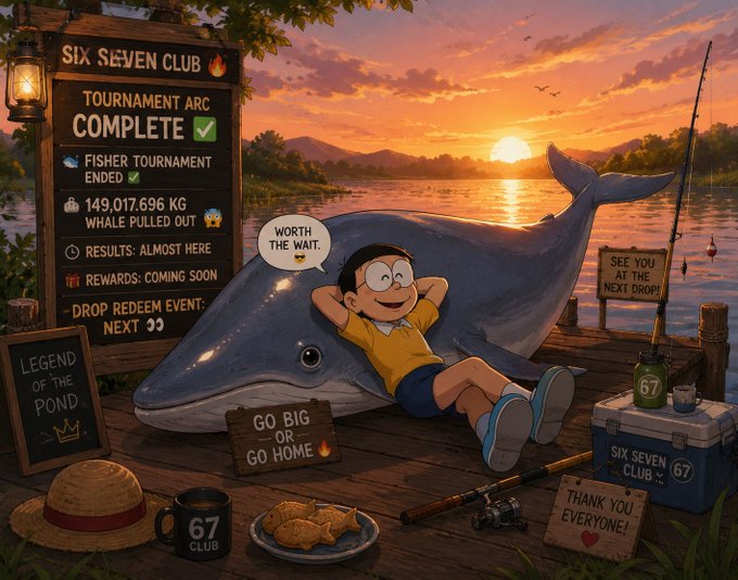 A cartoon-style illustration of a boy relaxing on a giant whale at sunset, with a wooden sign titled 'SIX SEVEN CLUB' displaying tournament results like '149,017.696 KG WHALE PULLED OUT' and other fishing-themed signage.