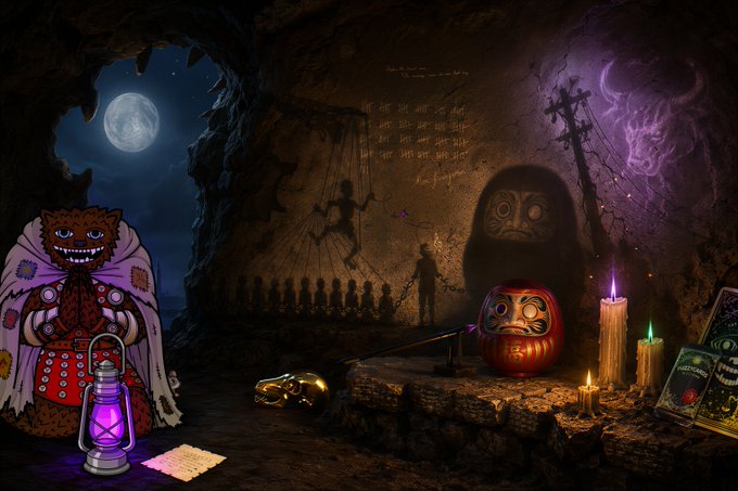 A mysterious cave scene featuring a furry monster holding a purple lantern, an evil-looking Daruma doll, candles, glowing skulls, a shadowy figure with a scythe, and cryptic symbols on the walls — all lit by an eerie full moon shining through the cave entrance. The dark, occult atmosphere perfectly matches the haunting tone of a new fuzzy riddle, hinting at hidden clues and secrets waiting to be decoded.