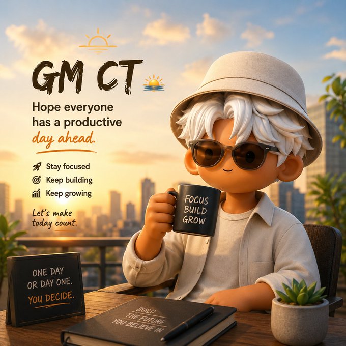 A motivational graphic titled "GM CT" featuring a cartoon character with white hair, sunglasses, and a bucket hat holding a "FOCUS BUILD GROW" mug, with messages including "Hope everyone has a productive day ahead," "Stay focused," "Keep building," and "Keep growing," alongside a small sign reading "ONE DAY OR DAY ONE. YOU DECIDE."