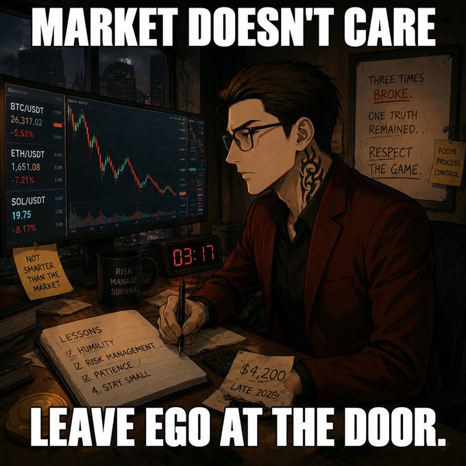 The image shows an illustrated trader at his desk with crypto charts showing BTC/USDT at 26,317.02 (-5.53%), ETH/USDT at 1,651.08 (-7.21%), and SOL/USDT at 19.75 (-8.17%), surrounded by handwritten reminders like "Three times broke. One truth remained. Respect the game," a mug labeled "Risk Manage/Serve," and a "Lessons" notebook listing "1. Humility, 2. Risk Management, 3. Patience, 4. Stay Small."

The caption reads: "MARKET DOESN'T CARE — LEAVE EGO AT THE DOOR." It visually reinforces the post's message about losing $4,200 in late 2020 by emphasizing hard-learned lessons in humility and risk management over believing one can outsmart the crypto market.