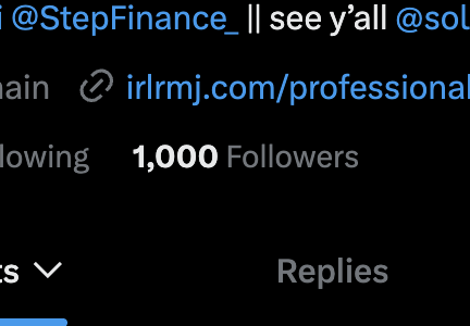 A social media profile snippet showing the account @StepFinance_ with 1,000 Followers and a link to irlrmj.com/professional.