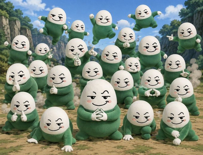 A 3D rendered scene showing a group of similar green and white round characters with mischievous smiles posing together in a rocky landscape.