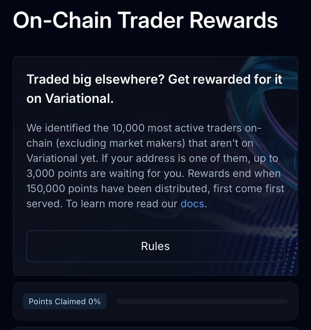 A promotional graphic titled 'On-Chain Trader Rewards' from Variational, offering up to 3,000 points to the 10,000 most active on-chain traders, with a 'Points Claimed 0%' progress bar at the bottom.