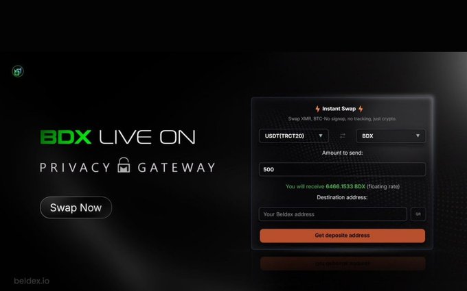 A promotional graphic for 'BDX LIVE ON PRIVACY GATEWAY' featuring an 'Instant Swap' interface for converting USDD(TRC20) to BDX, with beldex.io written in the corner.